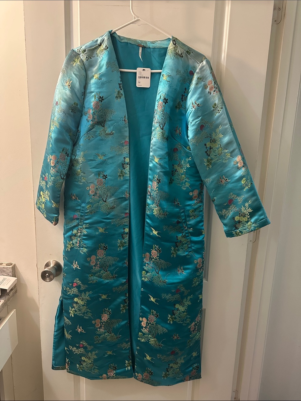 Free People Teal Floral Satin Long Coat - Picture 1 of 3